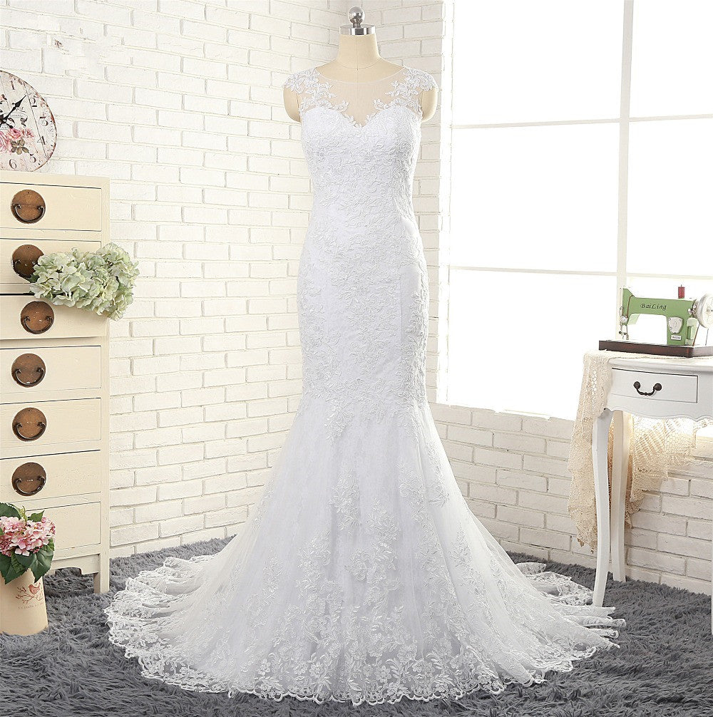 Gorgeous White Mermaid Lace Wedding Dresses With Appliques Jewel Sleeveless Bridal Gowns Online-27dress