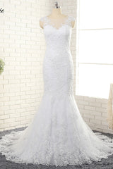 Gorgeous White Mermaid Lace Wedding Dresses With Appliques Jewel Sleeveless Bridal Gowns Online-27dress