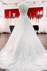 Graceful Jewel Tulle Ivory A-Line Wedding Dresses With Lace Appliques-27dress