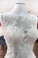 Graceful Jewel Tulle Ivory A-Line Wedding Dresses With Lace Appliques-27dress