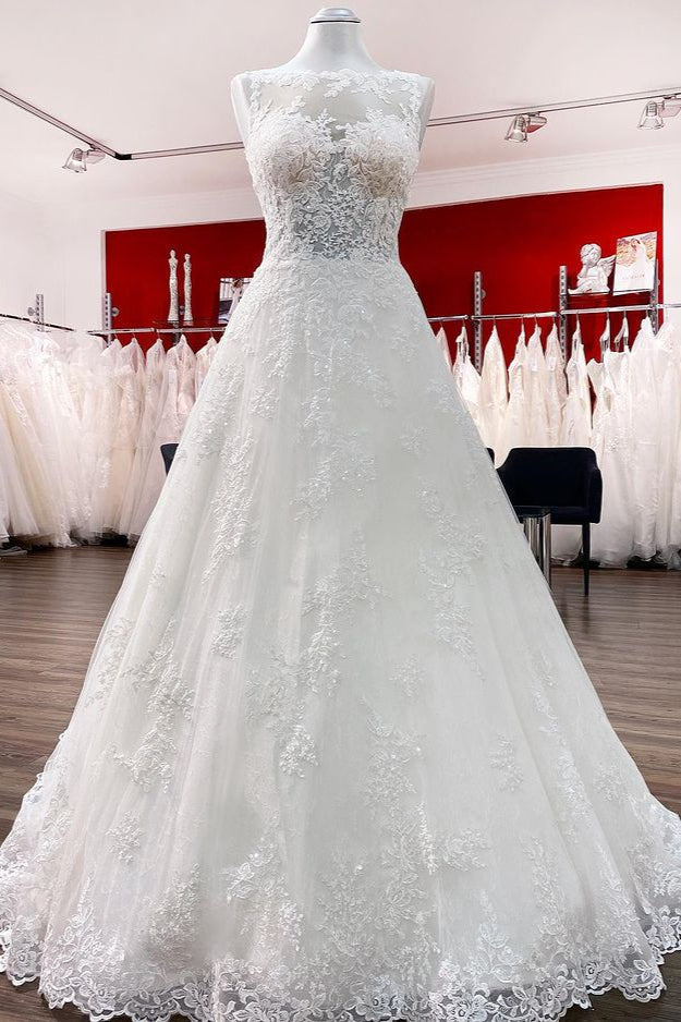 Graceful Jewel Tulle Ivory A-Line Wedding Dresses With Lace Appliques-27dress