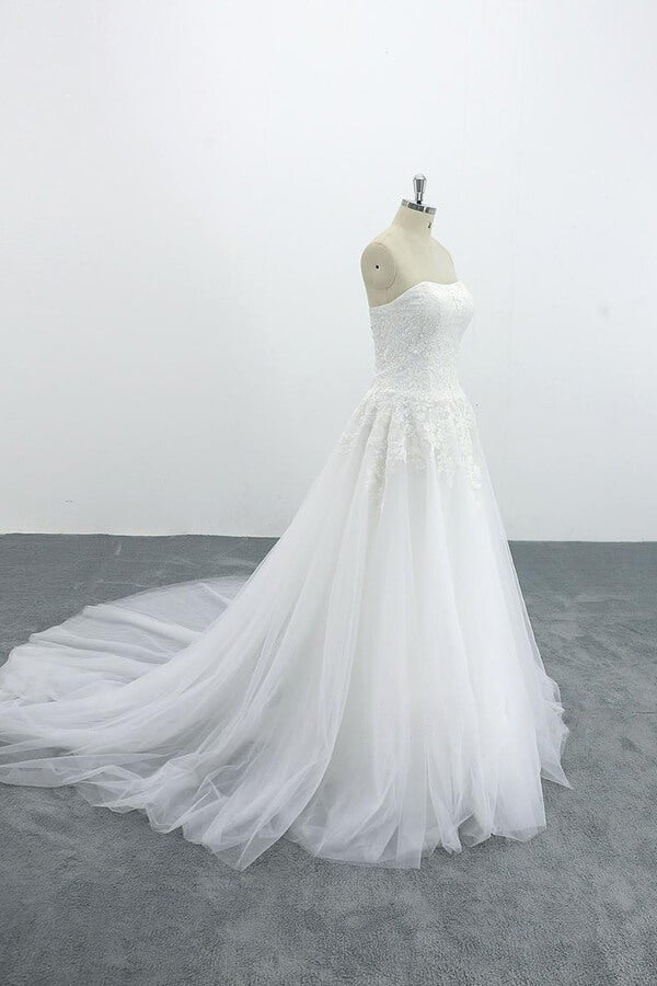 Graceful Strapless Appliques Tulle Wedding Dress On Sale-27dress