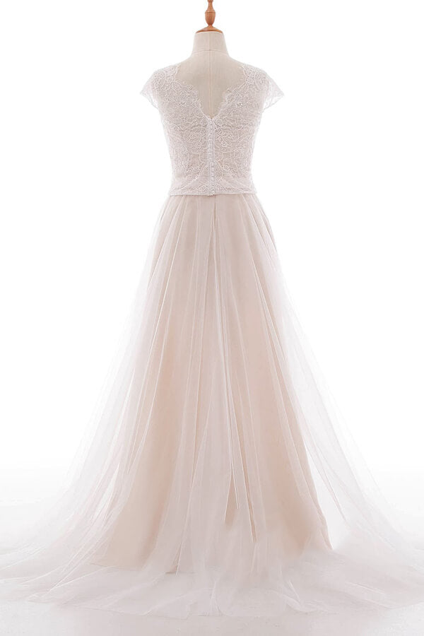 Graceful V-neck Lace Tulle A-line Wedding Dress On Sale-27dress