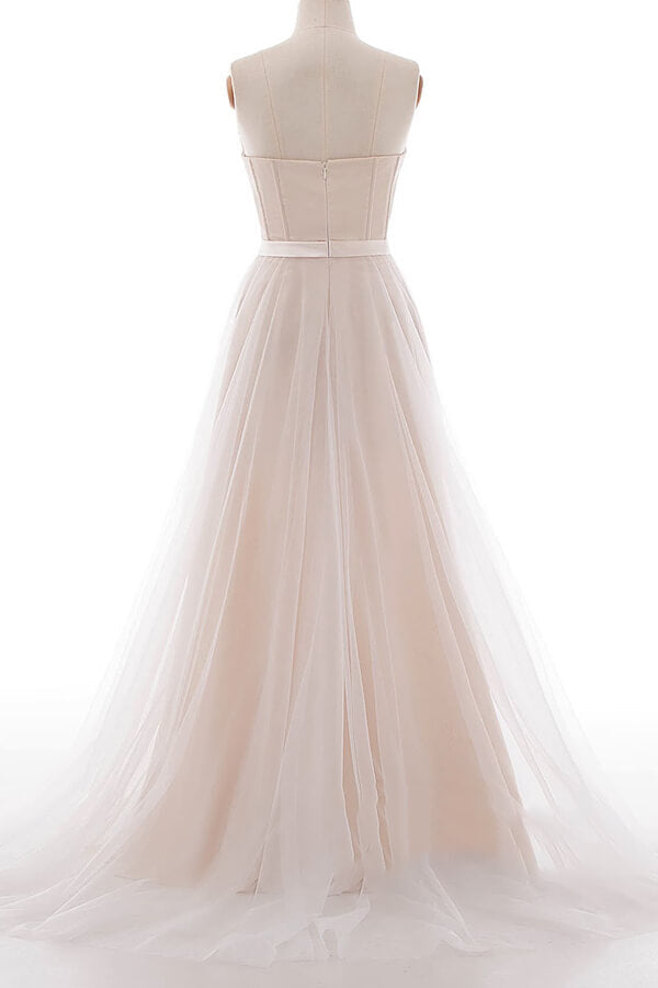 Graceful V-neck Lace Tulle A-line Wedding Dress On Sale-27dress