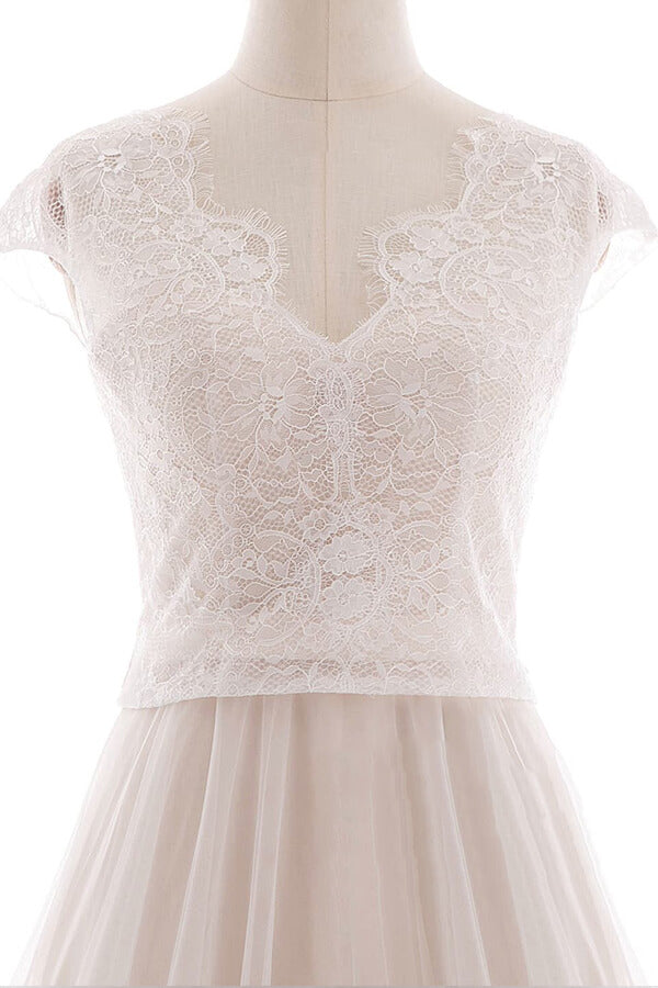 Graceful V-neck Lace Tulle A-line Wedding Dress On Sale-27dress