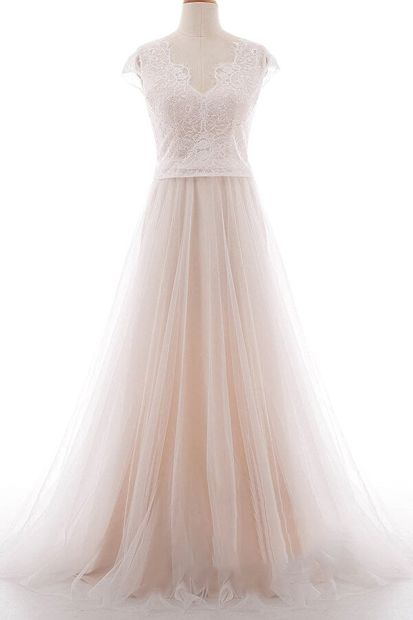 Graceful V-neck Lace Tulle A-line Wedding Dress On Sale-27dress