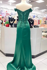 Green Applique Pleated Mermaid Prom Dress with Off Shoulder