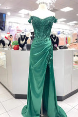 Green Applique Pleated Mermaid Prom Dress with Off Shoulder