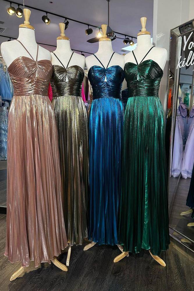 Green Halter Metallic Pleated A-Line Prom Dress with Slit