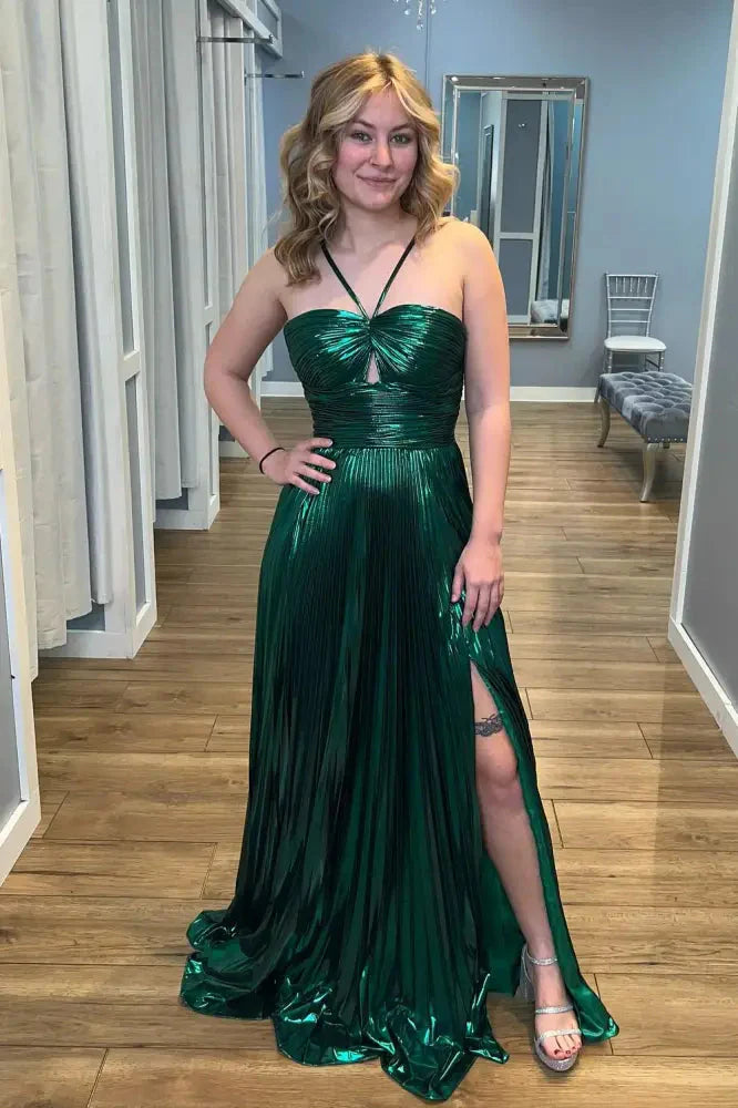 Green Halter Metallic Pleated A-Line Prom Dress with Slit