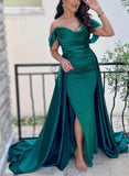 Green Off-The-Shoulder A-Line Satin Prom Dress-27dress