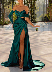 Green Satin Off-The-Shoulder Prom Dress With Split Front-27dress