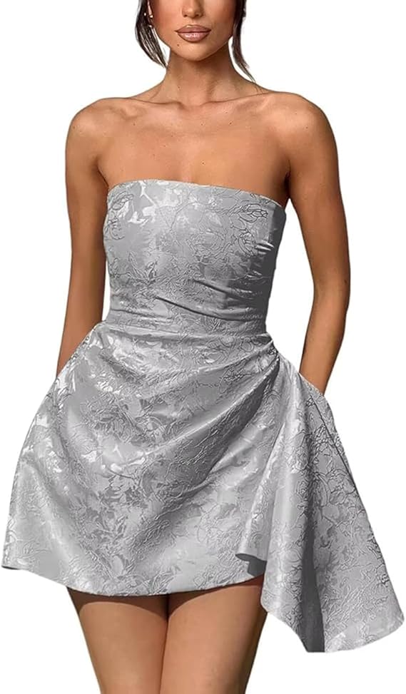 Short A-line Strapless Sleeveless Asymmetrical Lace up Jacquard Satin Homecoming Dress