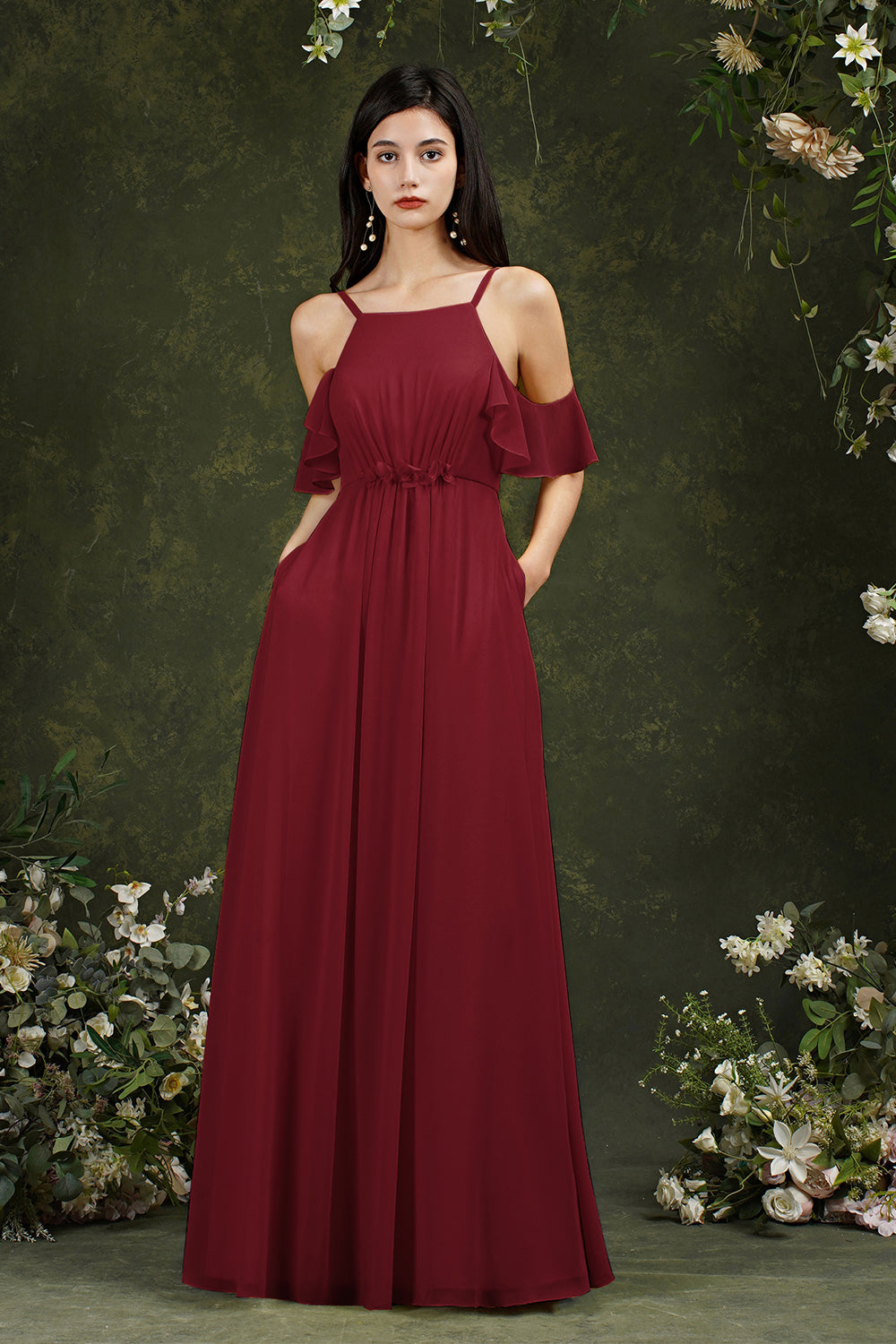 Halter Chiffon Bridesmaid Dress Long WIth Ruffle-27dress