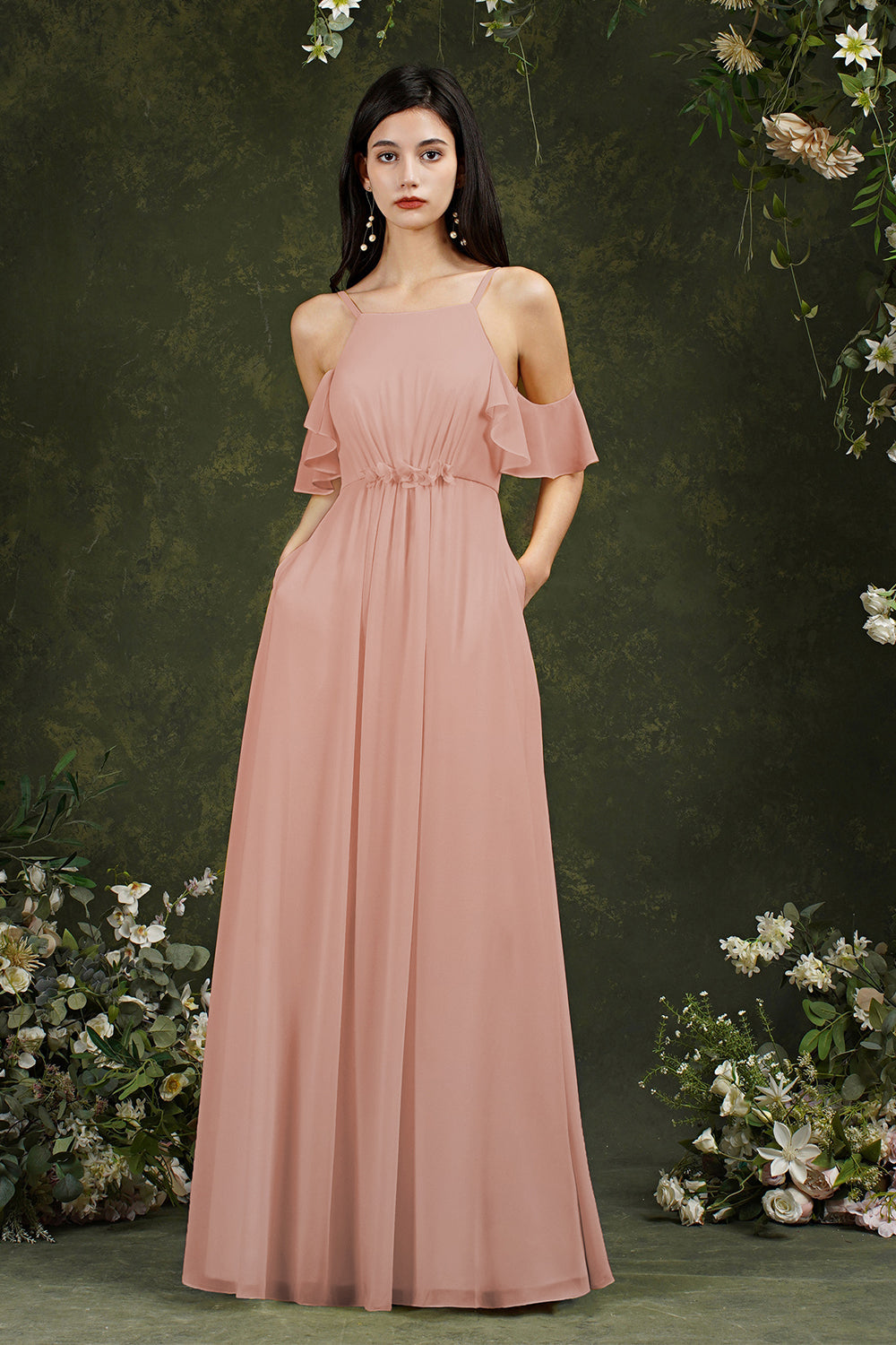 Halter Chiffon Bridesmaid Dress Long WIth Ruffle-27dress