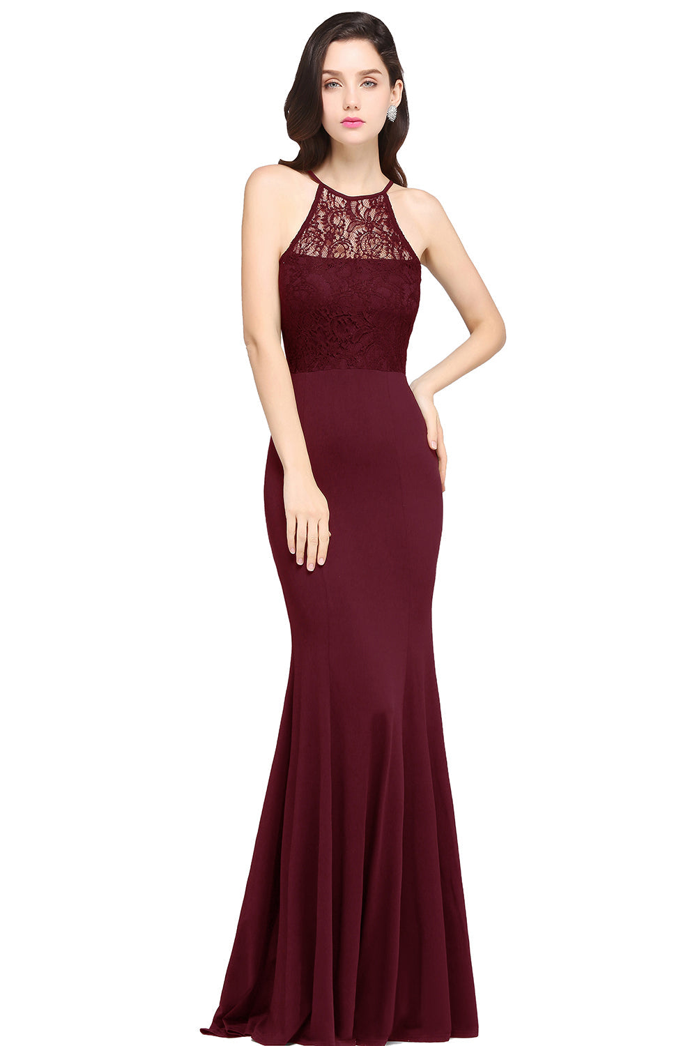 Halter Floral Lace Chiffon Mermaid Long Bridesmaid Dress-27dress