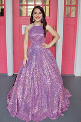 Halter Lilac Sequins A-Line Formal Dress