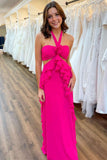 Halter Magenta Cut Out Ruffle Long Formal Dress