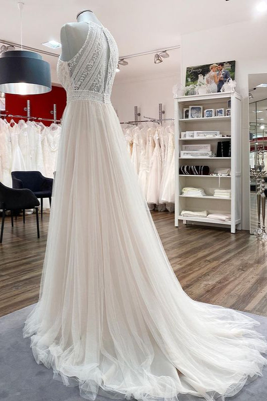 Halter Tulle Ivory Lace Backless Wedding Dresses-27dress