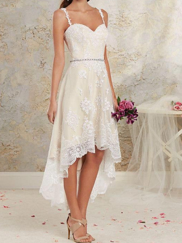 High Low A-Line Asymmetrical Lace Tulle Sleeveless Wedding Dresses-27Dress