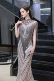 High Neck Cap sleeves Sparkle Beads Long Prom Dresses-27Dress