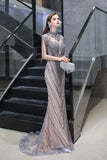 High Neck Cap sleeves Sparkle Beads Long Prom Dresses-27Dress