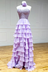 High Neck Hot Pink Ruffle Chiffon Long Prom Dress with 3D Flower