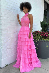 High Neck Hot Pink Ruffle Chiffon Long Prom Dress with 3D Flower