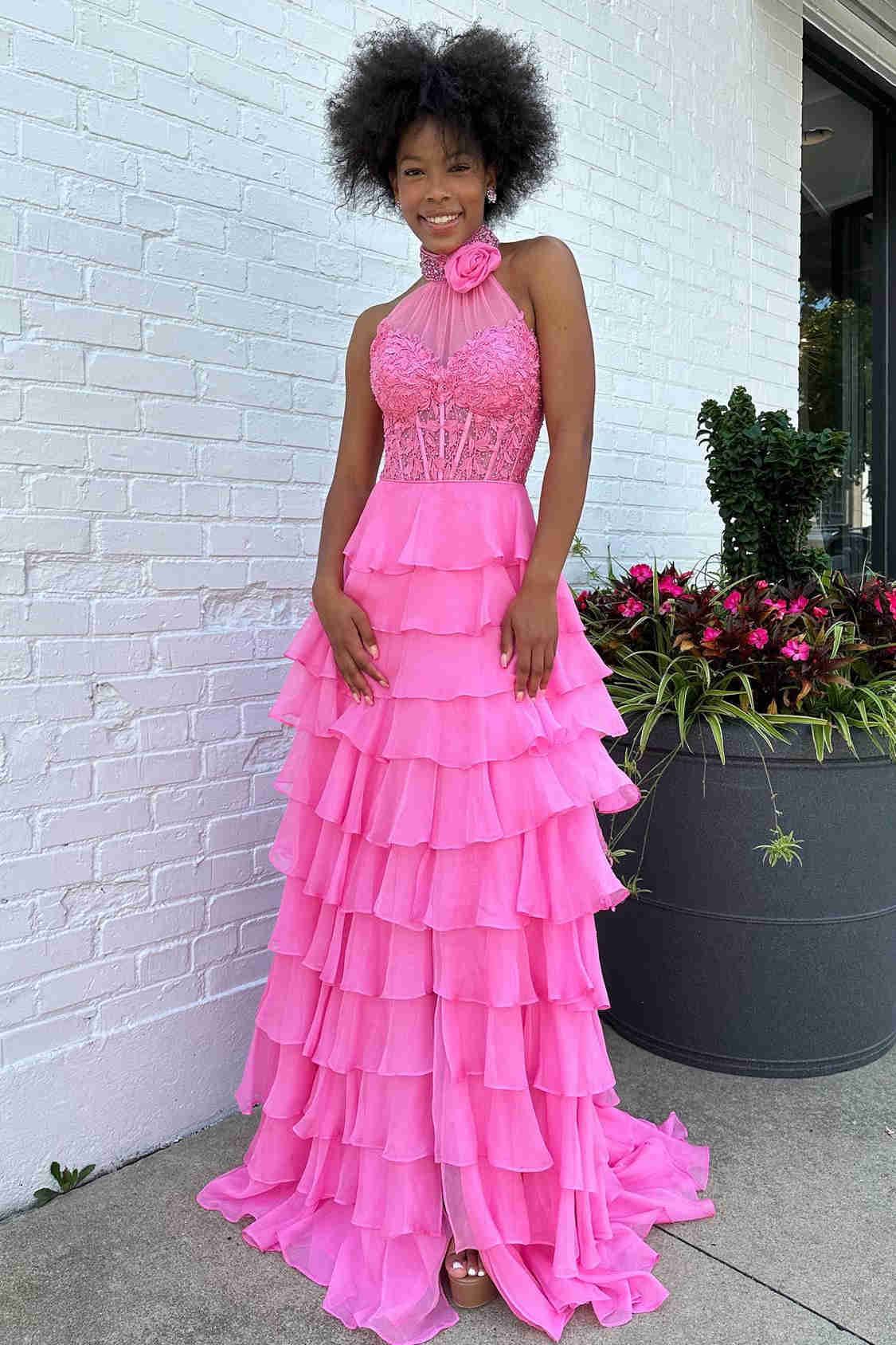 High Neck Hot Pink Ruffle Chiffon Long Prom Dress with 3D Flower