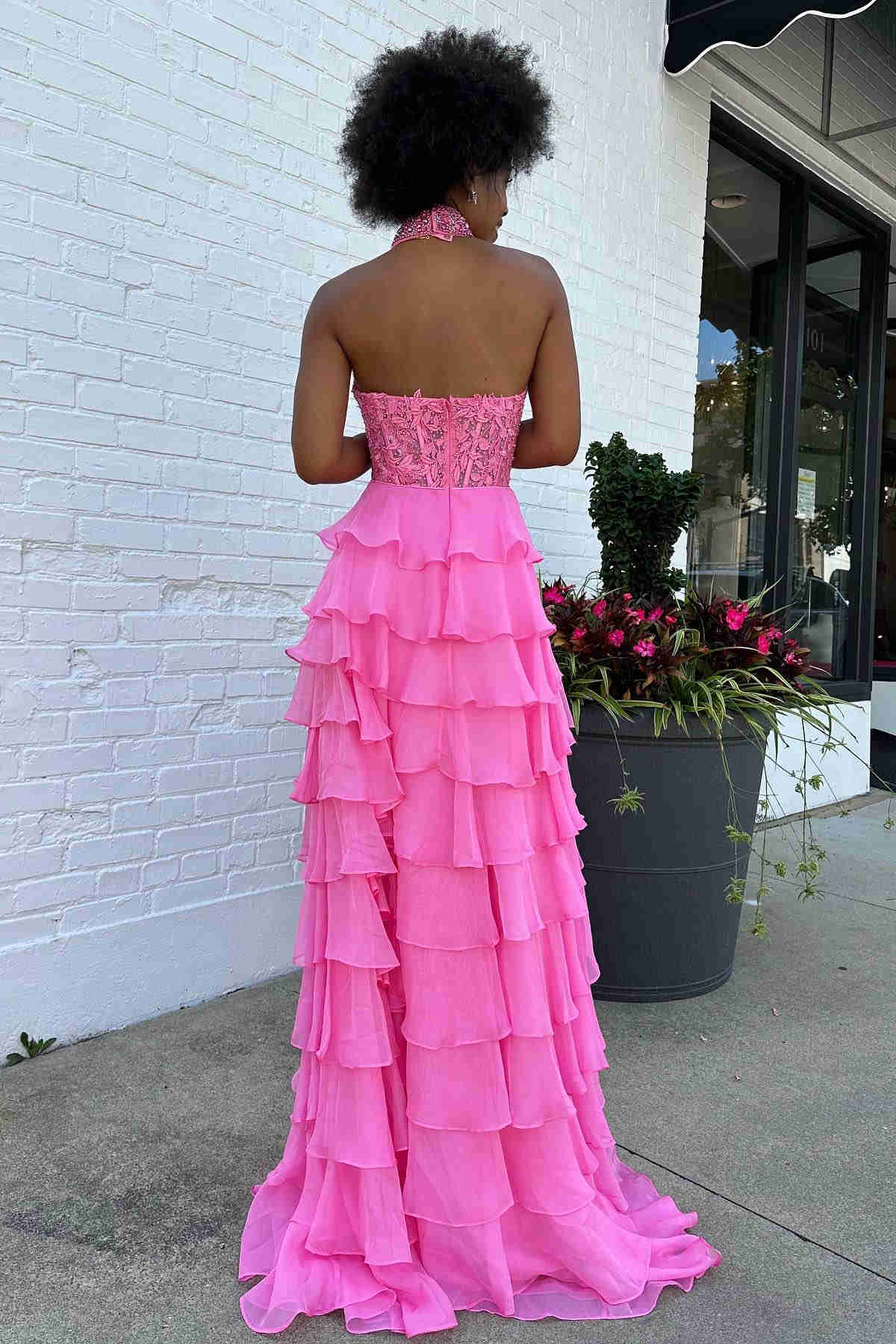 High Neck Hot Pink Ruffle Chiffon Long Prom Dress with 3D Flower