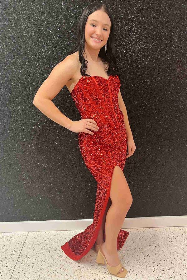 High Slit Red Sequined Mermaid Long Party Dress