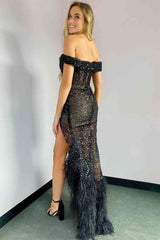 High Slit Sequin Black Long Party Dress with Feather Hem