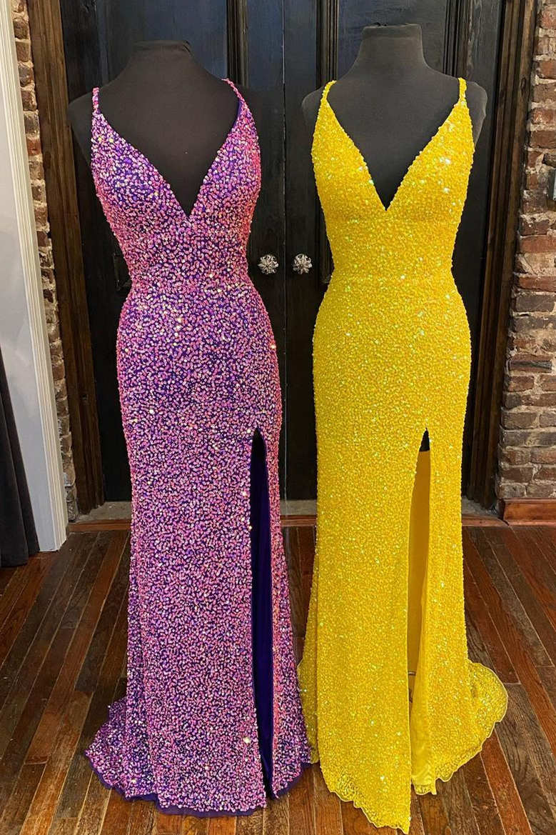 Hight Slit Yellow Sequins Halter Prom Dress