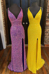 Hight Slit Yellow Sequins Halter Prom Dress