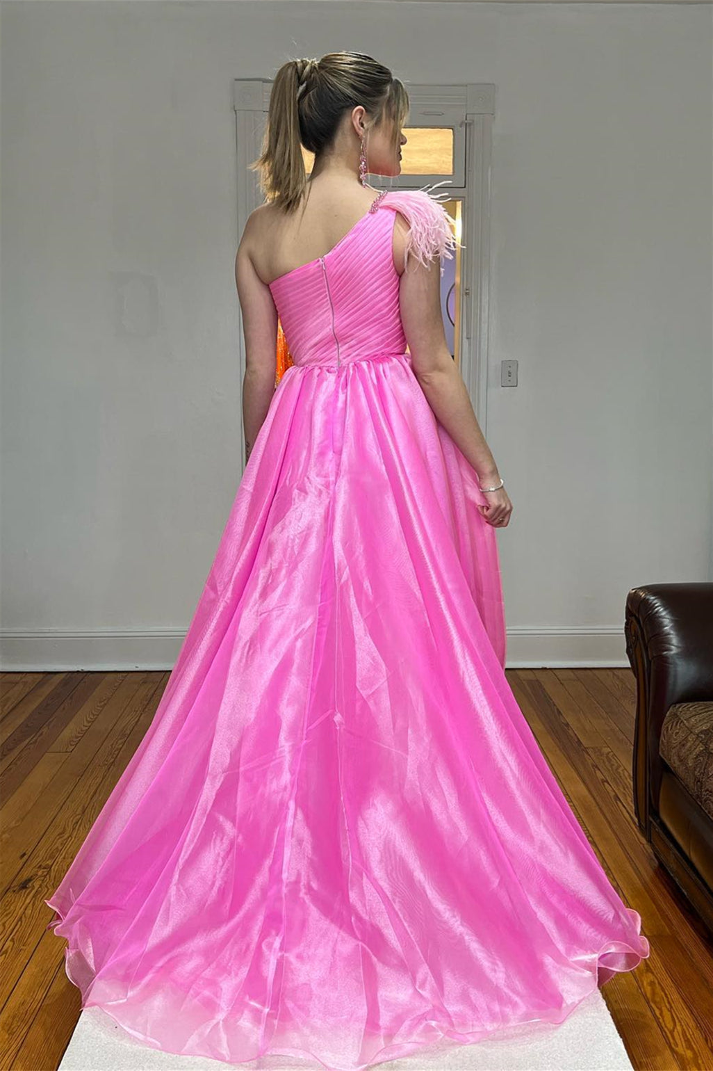 Hot Pink A-line One Shoulder Pleated Long Prom Dress with Feathers