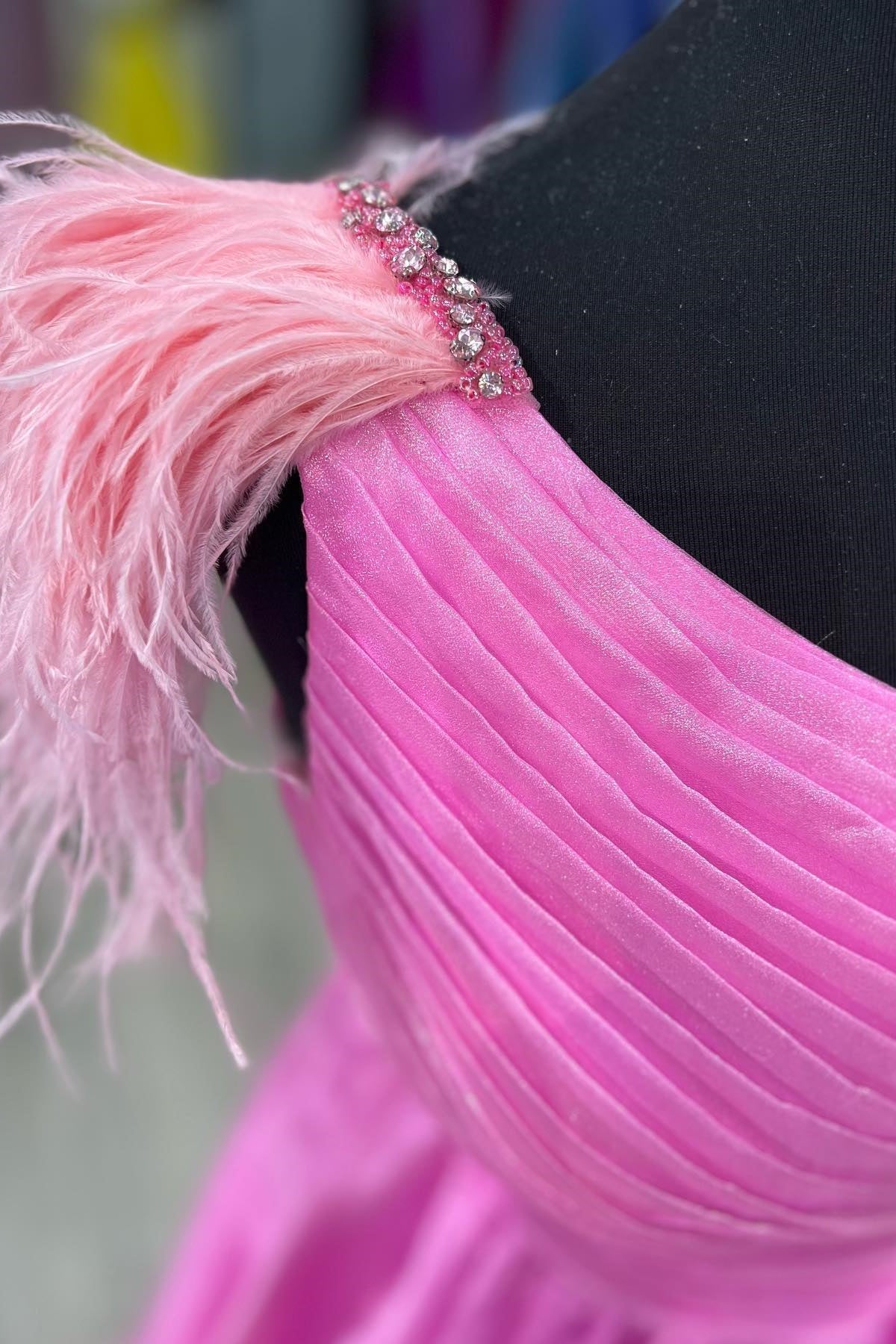 Hot Pink A-line One Shoulder Pleated Long Prom Dress with Feathers