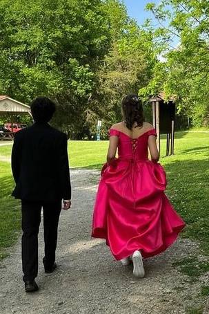 Hot Pink Beaded A-Line Satin Prom Dress with Off Shoulder