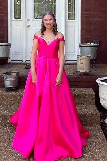 Hot Pink Beaded A-Line Satin Prom Dress with Off Shoulder