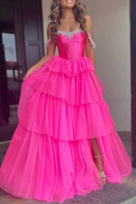 Hot Pink Beaded Tiered Slit Prom Dress with Off the Shoulder