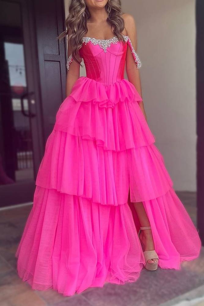 Hot Pink Beaded Tiered Slit Prom Dress with Off the Shoulder