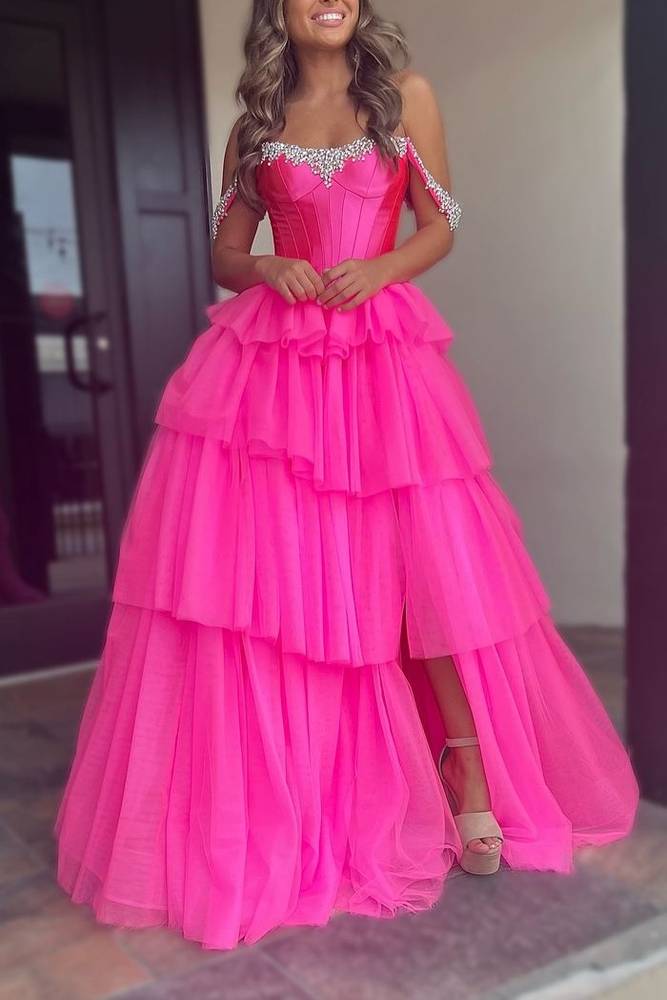 Hot Pink Beaded Tiered Slit Prom Dress with Off the Shoulder