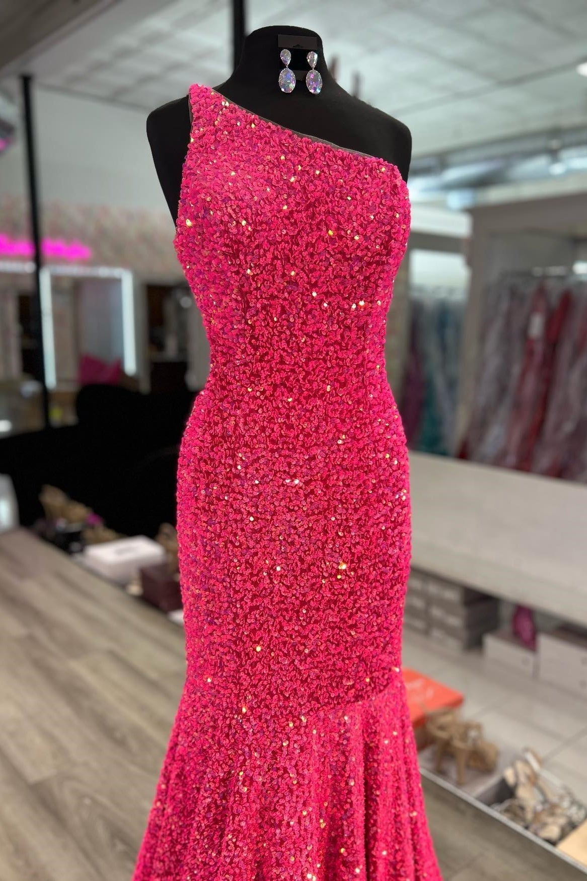 Hot Pink Mermaid One Shoulder Sequins Prom Dress with Rhinestones