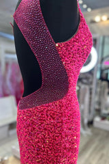 Hot Pink Mermaid One Shoulder Sequins Prom Dress with Rhinestones