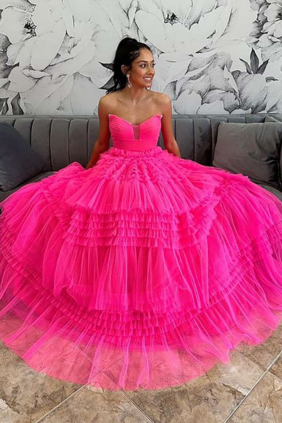 Hot Pink Strapless A-Line Tiered Tulle Formal Dress