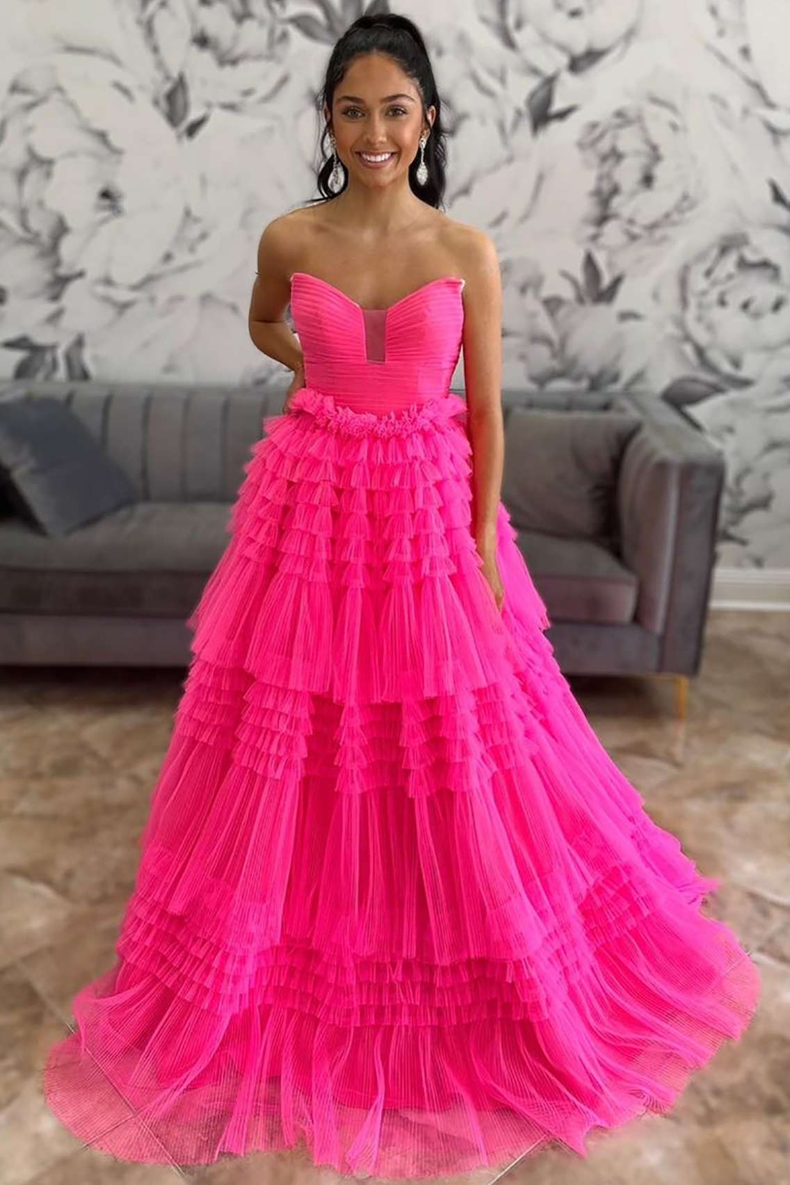 Hot Pink Strapless A-Line Tiered Tulle Formal Dress