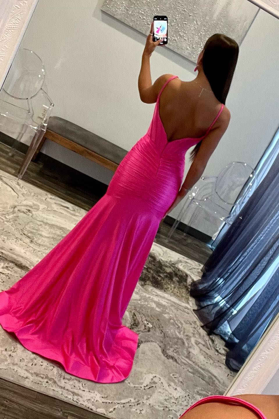 Hot Pink Straps Pleated Satin Mermaid Prom Dress