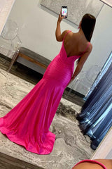 Hot Pink Straps Pleated Satin Mermaid Prom Dress