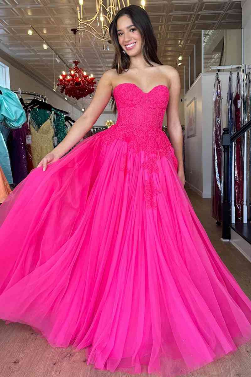 Hot Pink Sweetheart A-Line Long Party Dress with Appliques