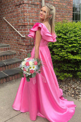 Hot Pink V-Neck Ruffle A-Line Long Prom Dress