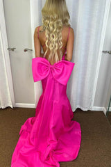 Hot Pink V-Neck Satin Mermaid Formal Dress with Bow